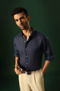 Anchor Hand Embroidered Irish Linen Shirt - Navy