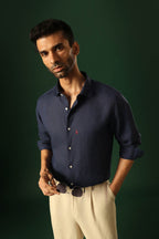 Anchor Hand Embroidered Irish Linen Shirt - Navy