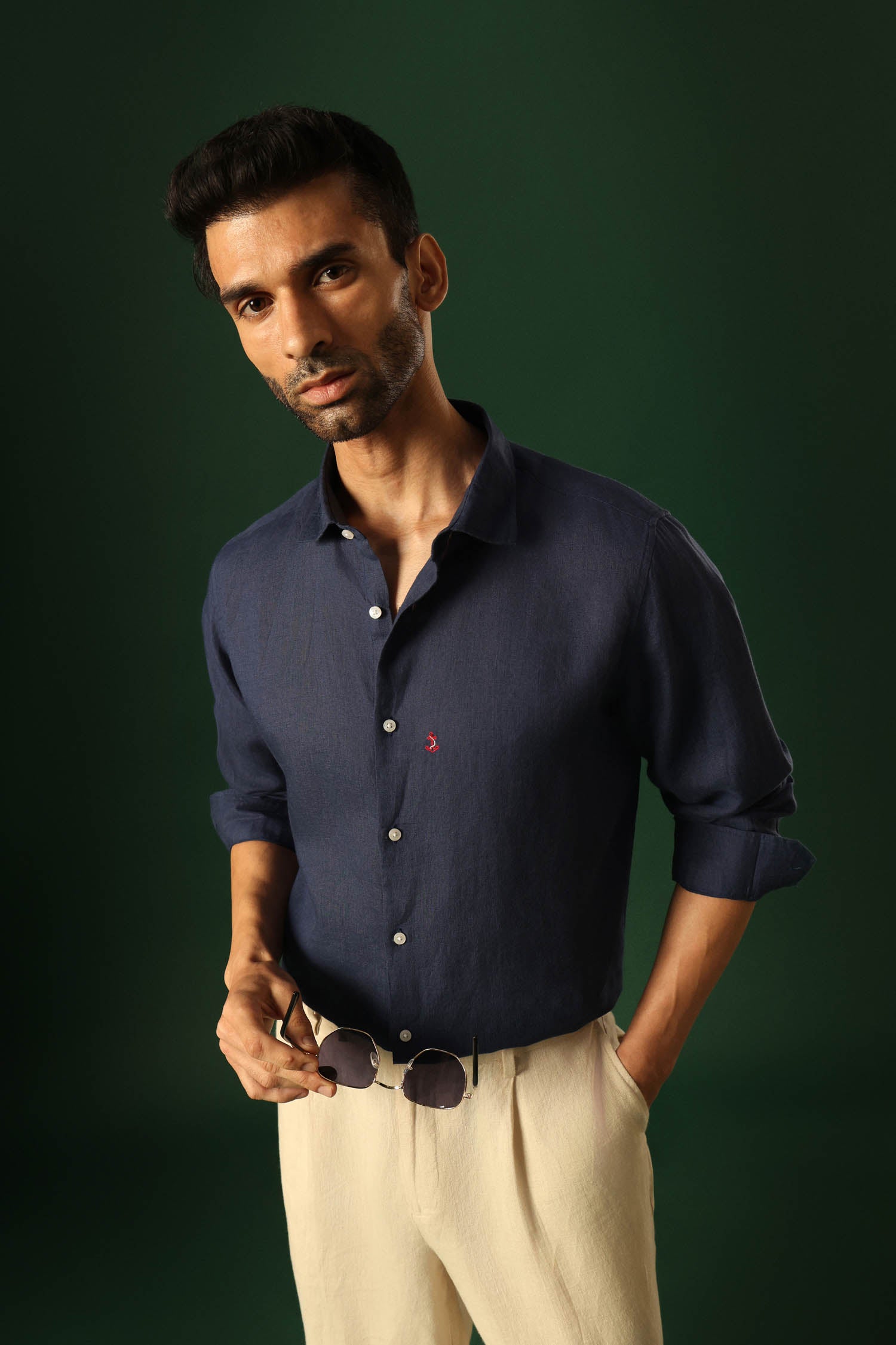 Anchor Hand Embroidered Irish Linen Shirt - Navy
