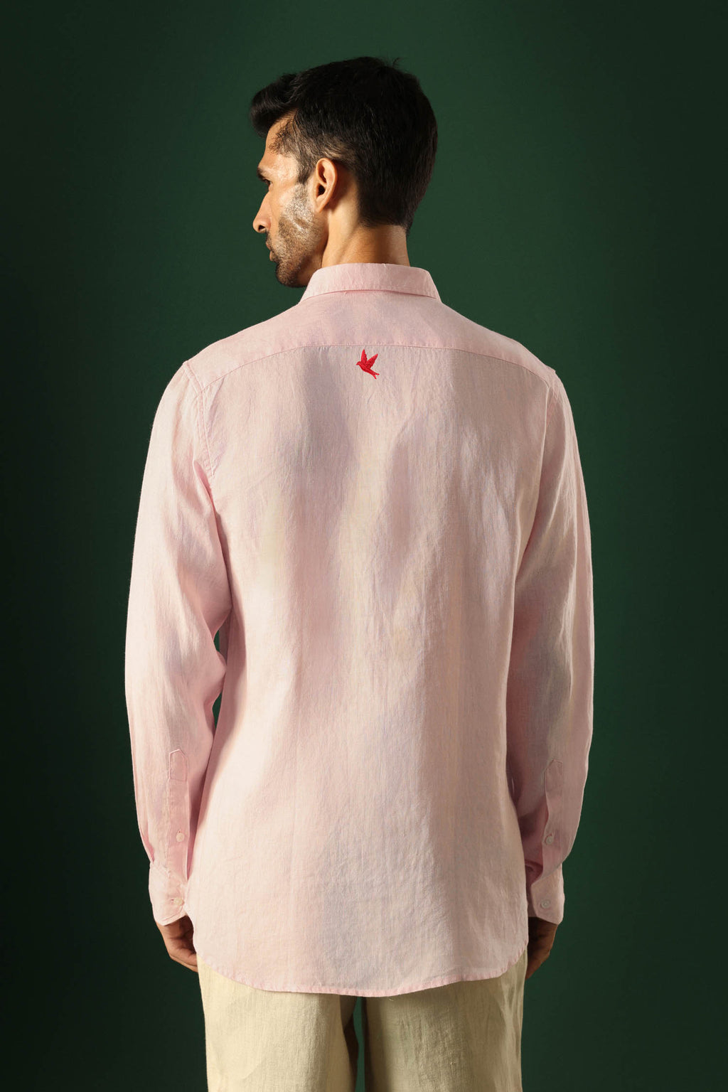 Bird Hand Embroidered Irish Linen Shirt - Pink