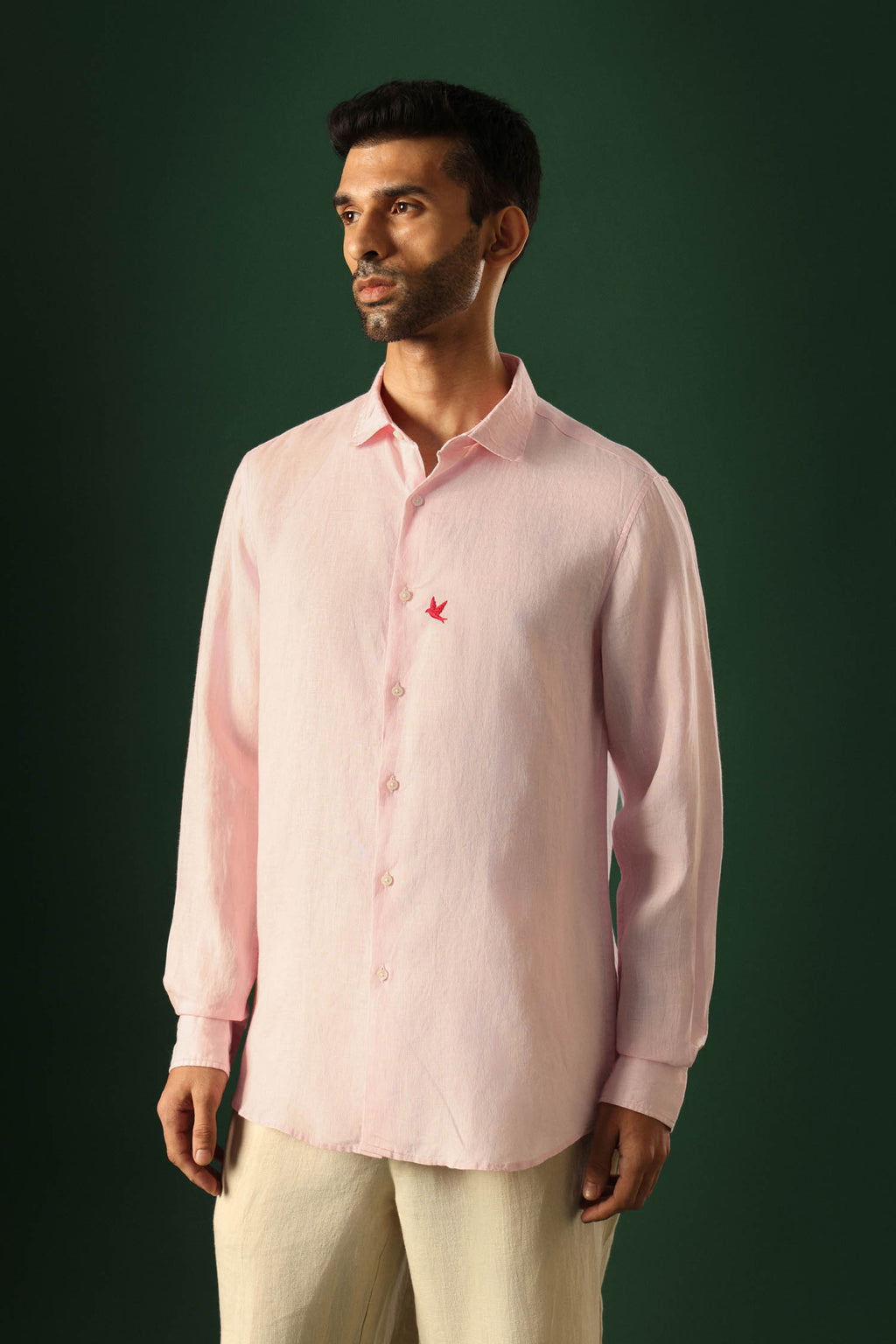 Bird Hand Embroidered Irish Linen Shirt - Pink