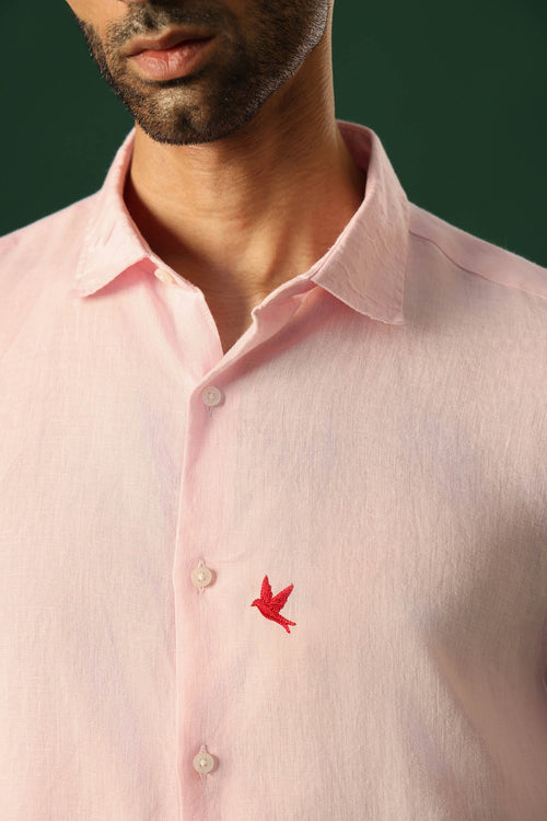 Bird Hand Embroidered Irish Linen Shirt - Pink