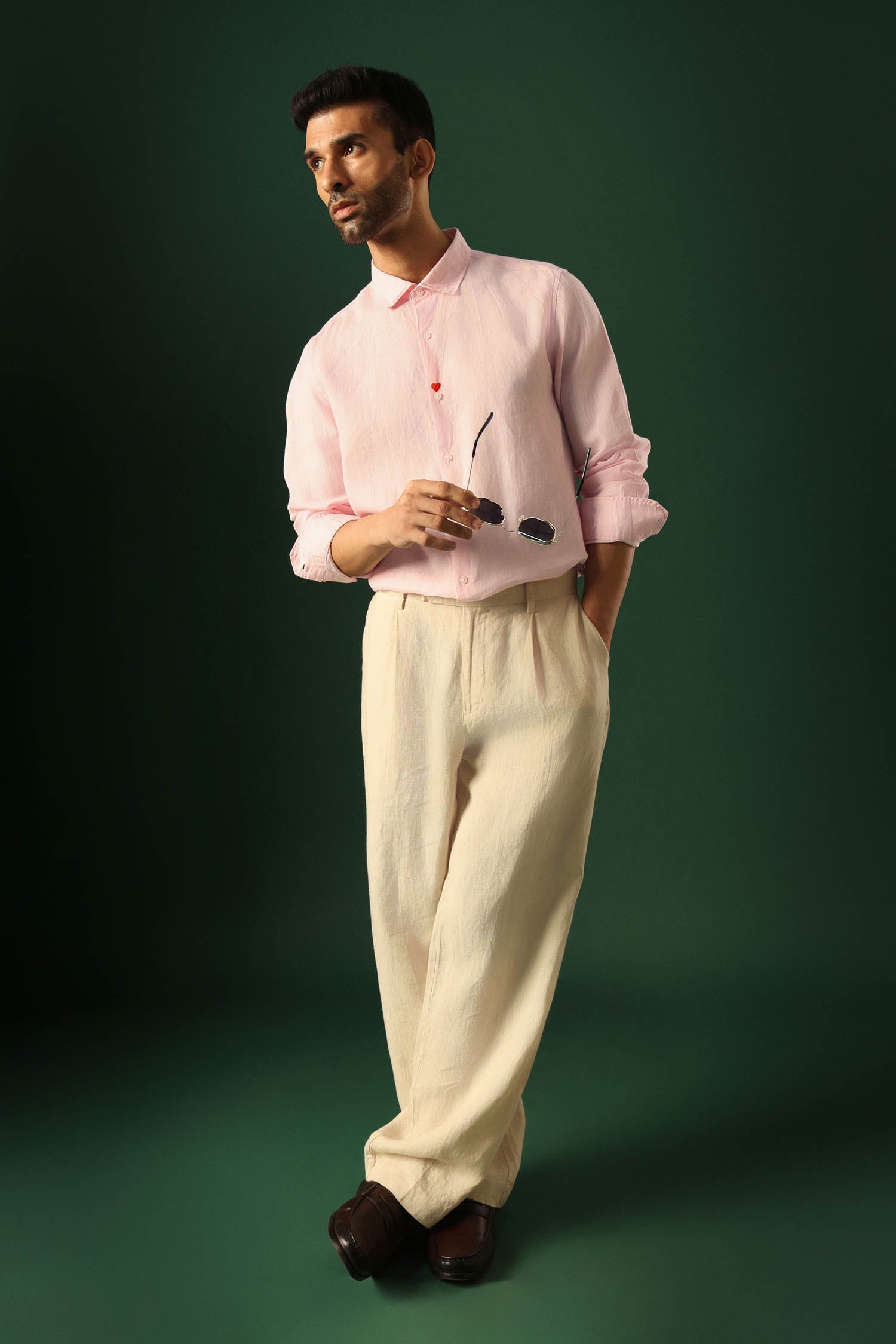 Heart Hand Embroidered Irish Linen Shirt - Pink