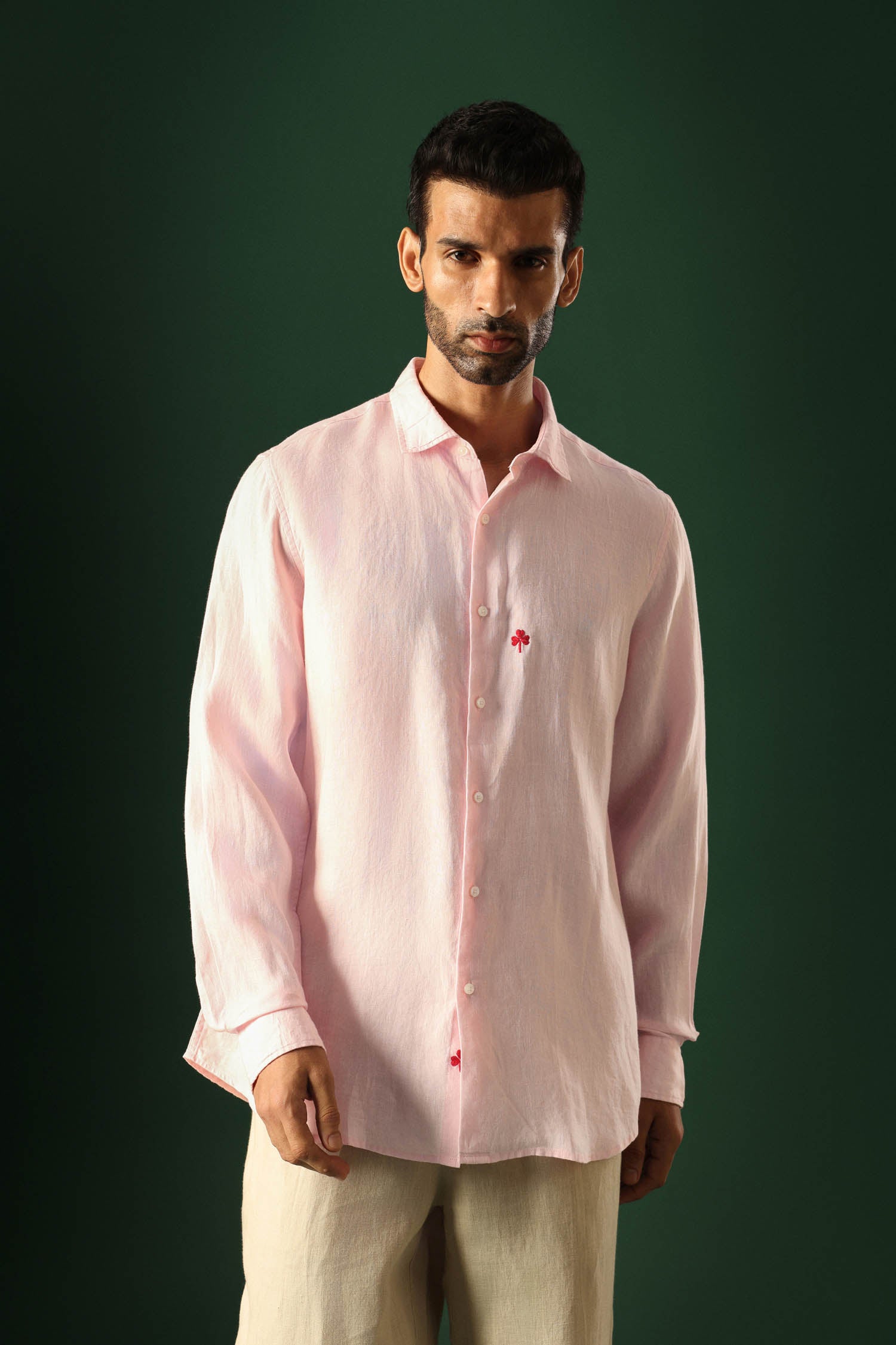 Leaf Hand Embroidered Irish Linen Shirt - Pink