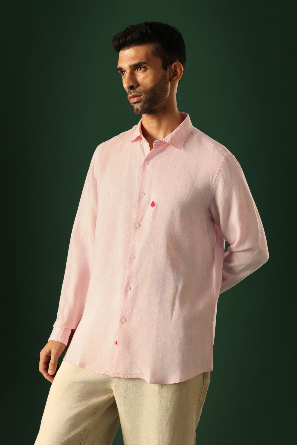 Leaf Hand Embroidered Irish Linen Shirt - Pink