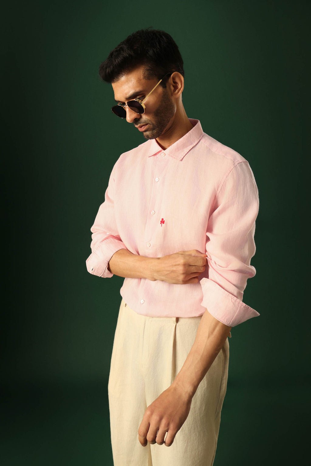 Leaf Hand Embroidered Irish Linen Shirt - Pink