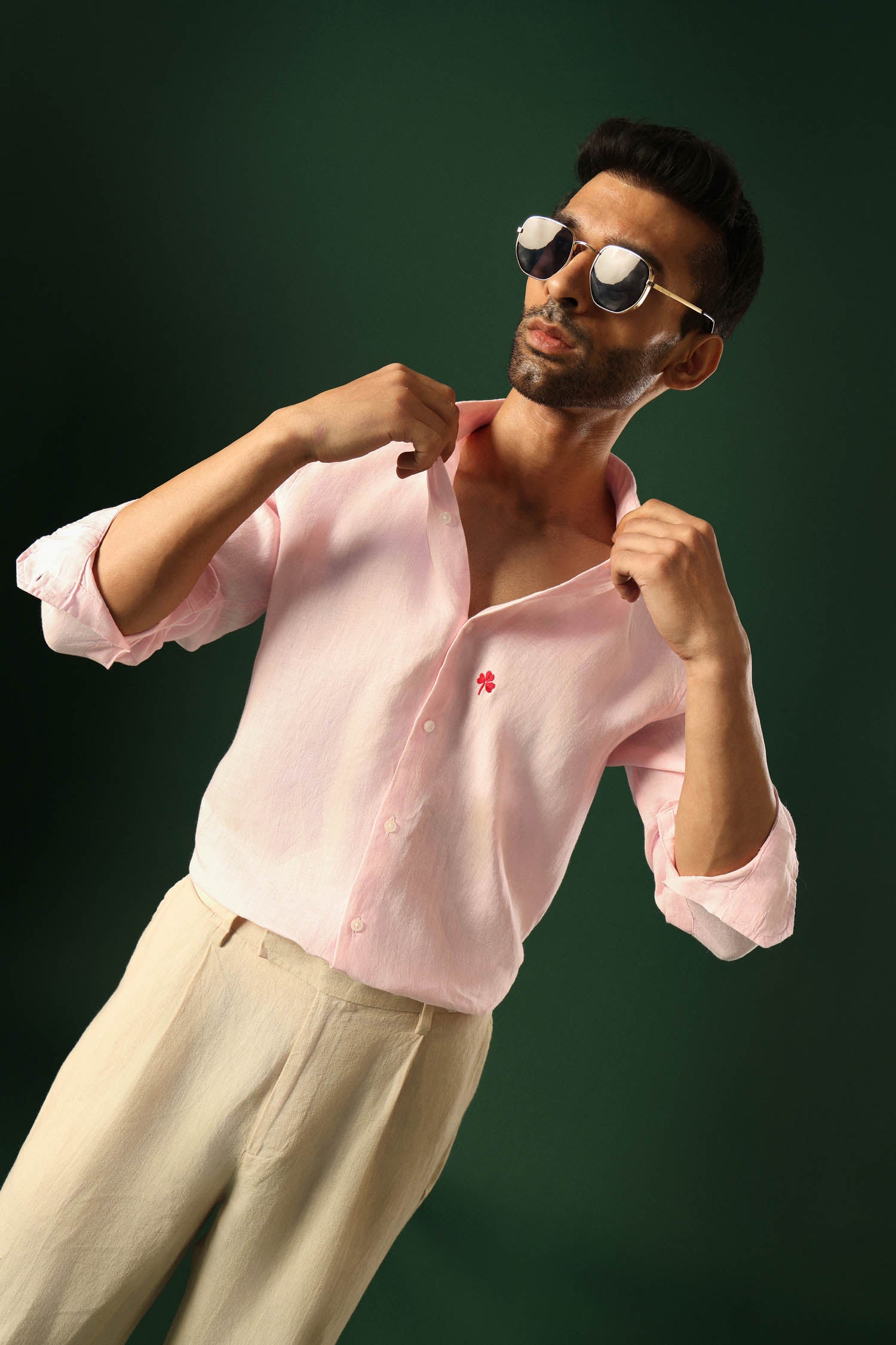 Leaf Hand Embroidered Irish Linen Shirt - Pink