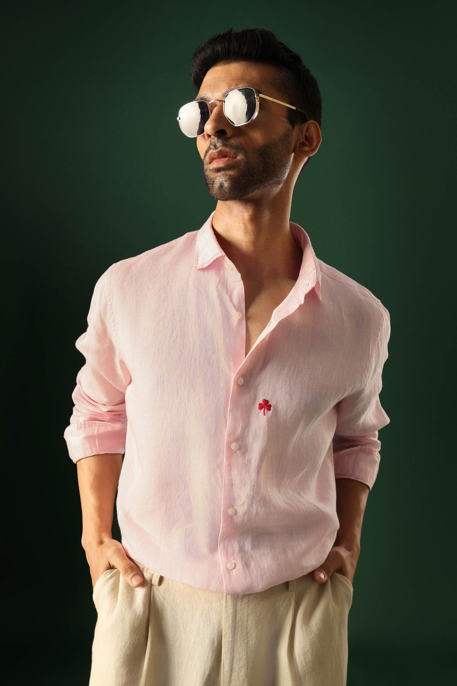 Leaf Hand Embroidered Irish Linen Shirt - Pink