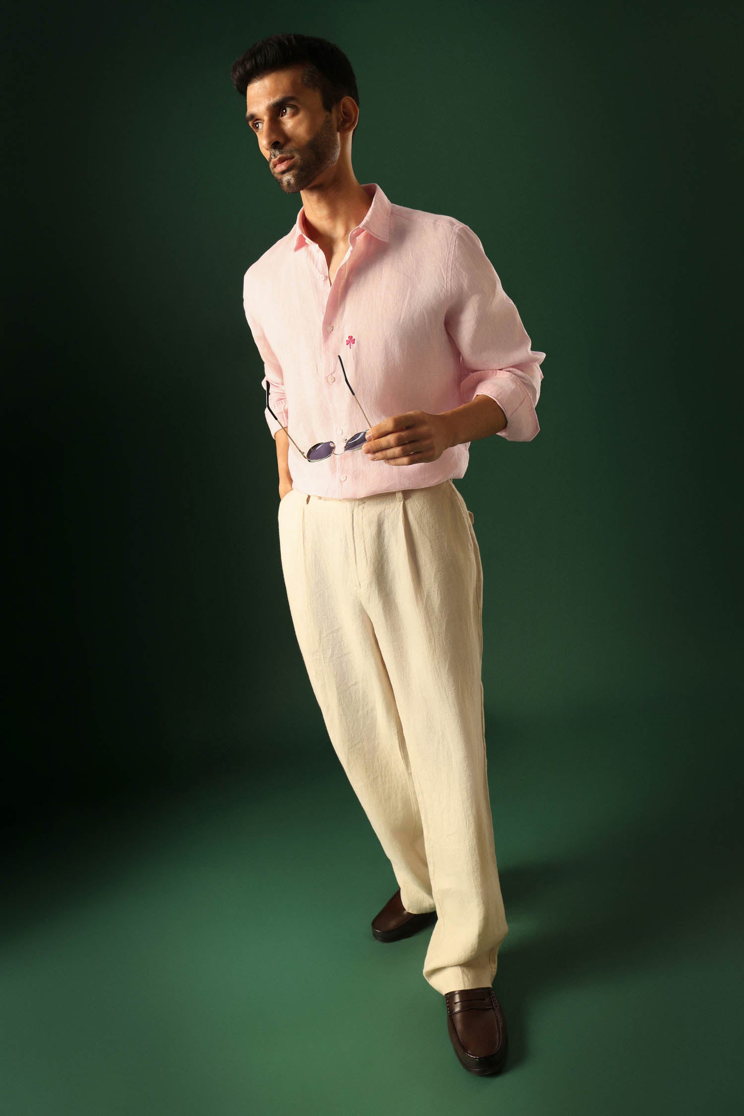 Leaf Hand Embroidered Irish Linen Shirt - Pink