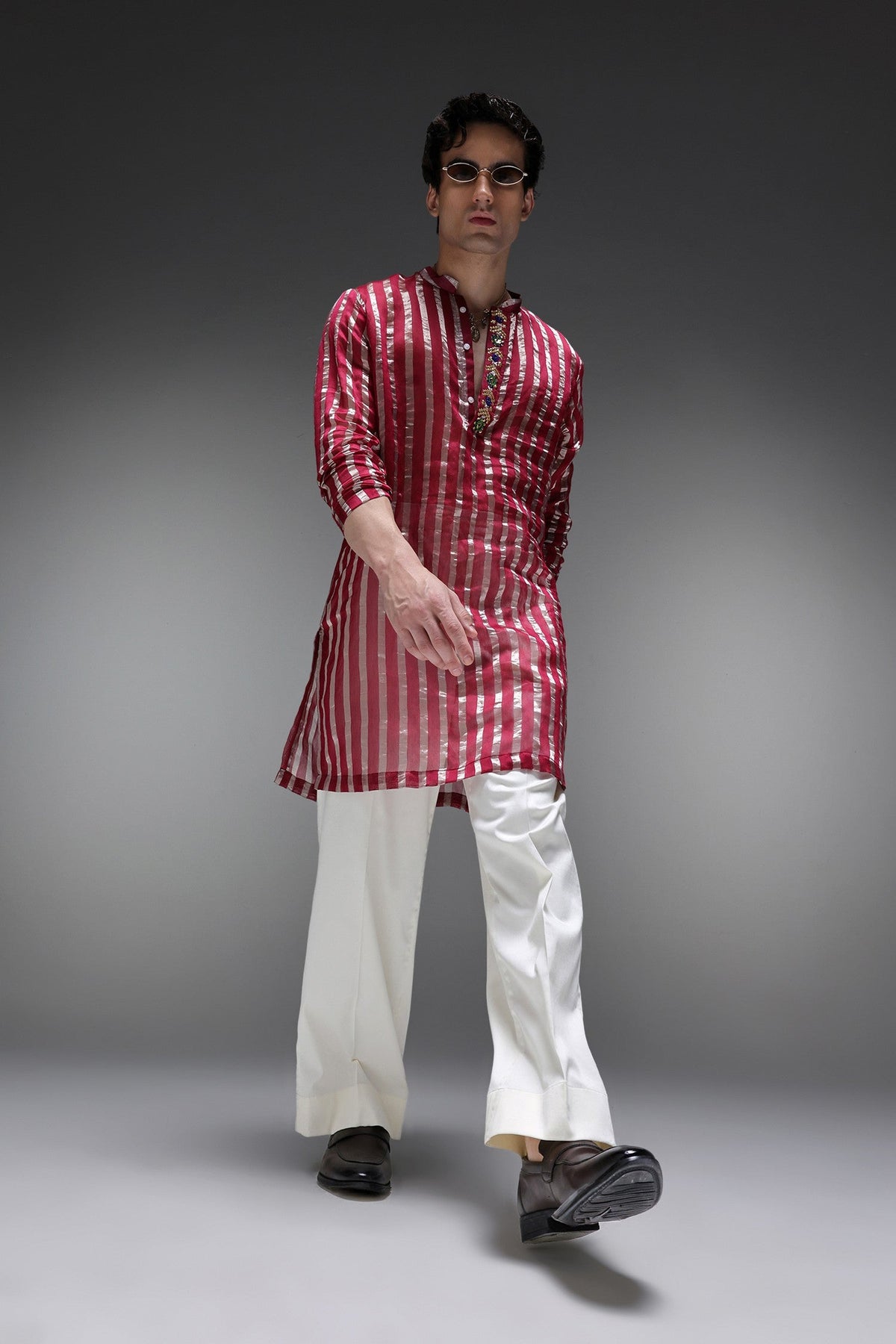 Maroon Tissue Stripes - Hand Embroidered Designer Kurta - Maroon