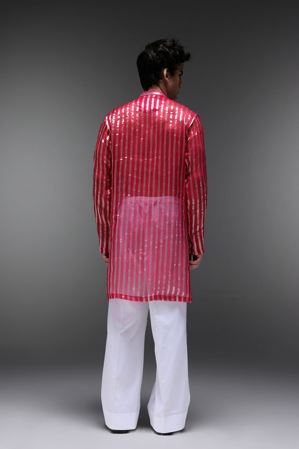 Pink Tissue Stripes - Hand Embroidered Designer Kurta - Rani Pink