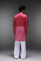 Pink Tissue Stripes - Hand Embroidered Designer Kurta - Rani Pink
