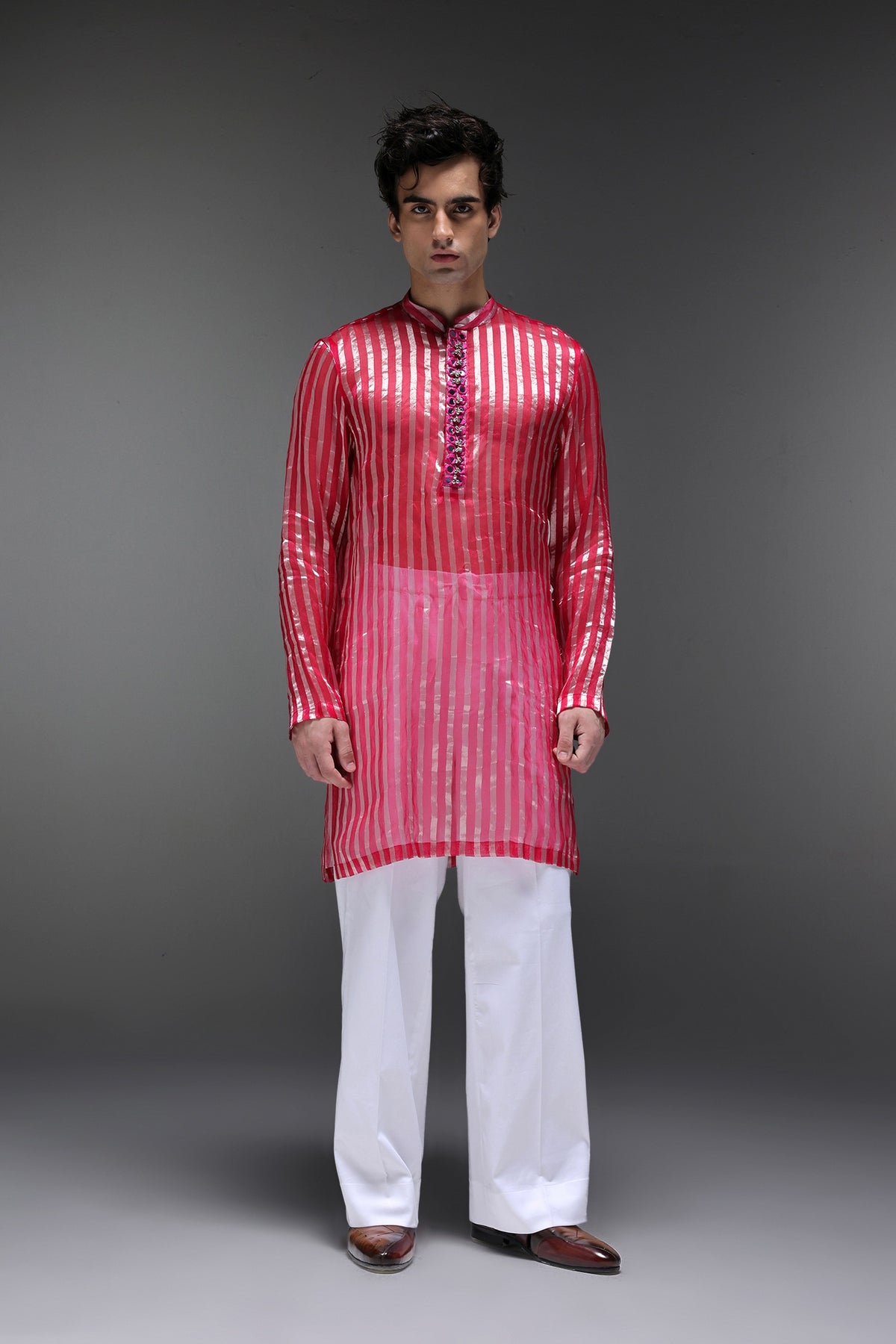 Pink Tissue Stripes - Hand Embroidered Designer Kurta - Rani Pink