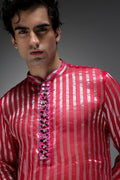 Pink Tissue Stripes - Hand Embroidered Designer Kurta - Rani Pink