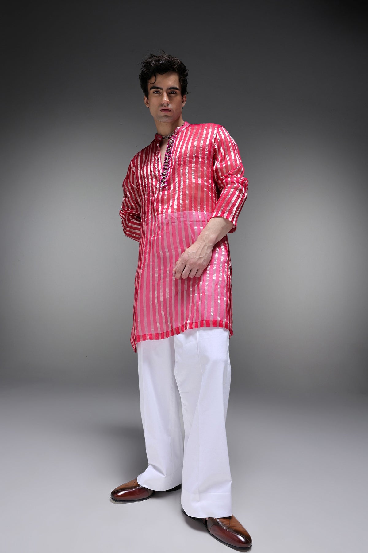 Pink Tissue Stripes - Hand Embroidered Designer Kurta - Rani Pink