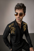 Shoulder leaves - Hand Embroidered Designer Shirt - Black