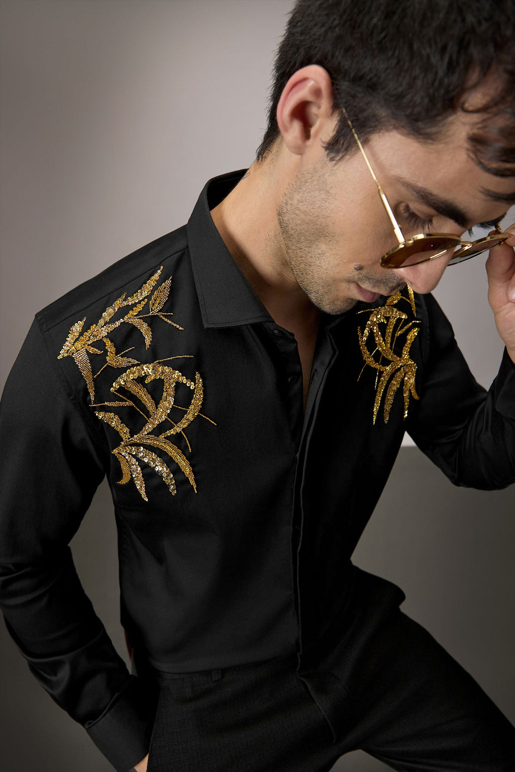 Shoulder leaves - Hand Embroidered Designer Shirt - Black