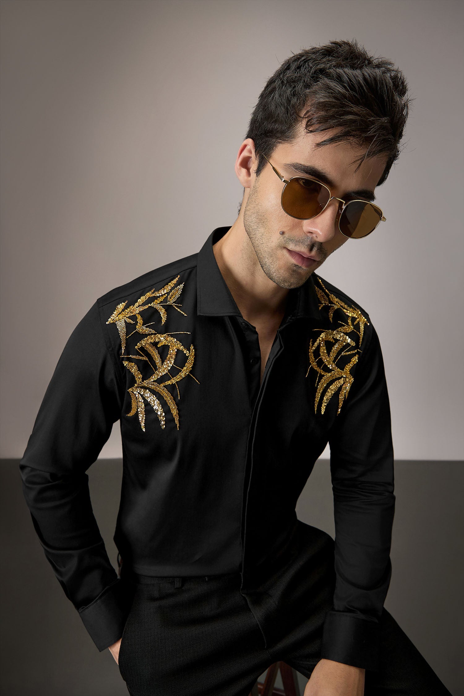 Shoulder leaves - Hand Embroidered Designer Shirt - Black