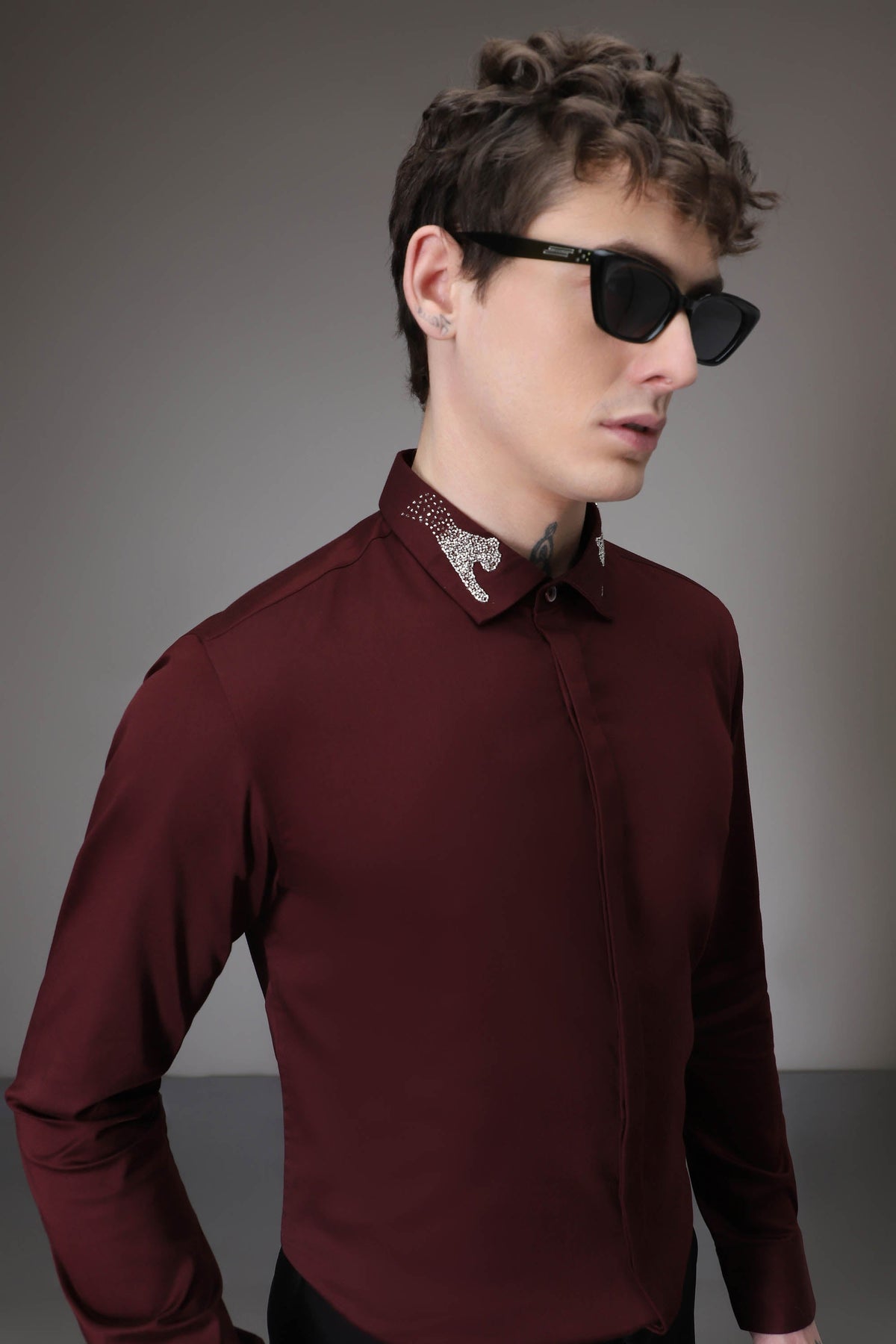 Panther Pounce hand embroidered designer shirt - Wine