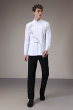 Long Flower hand embroidered designer shirt - White