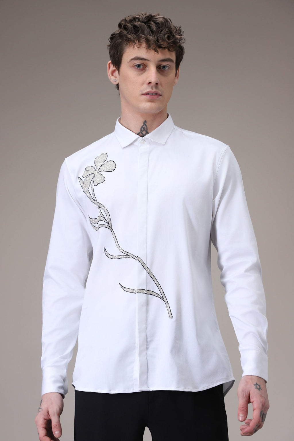 Long Flower hand embroidered designer shirt - White