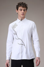Long Flower hand embroidered designer shirt - White