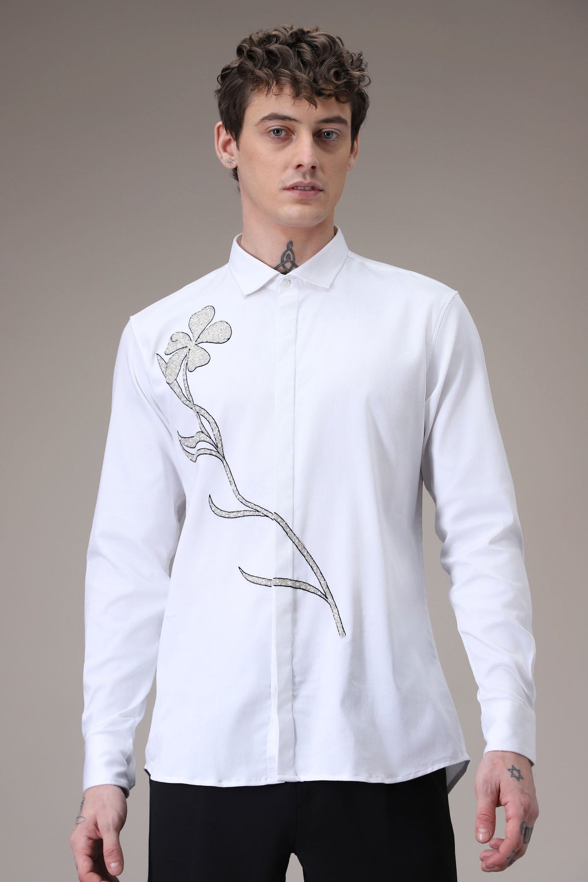 Long Flower hand embroidered designer shirt - White