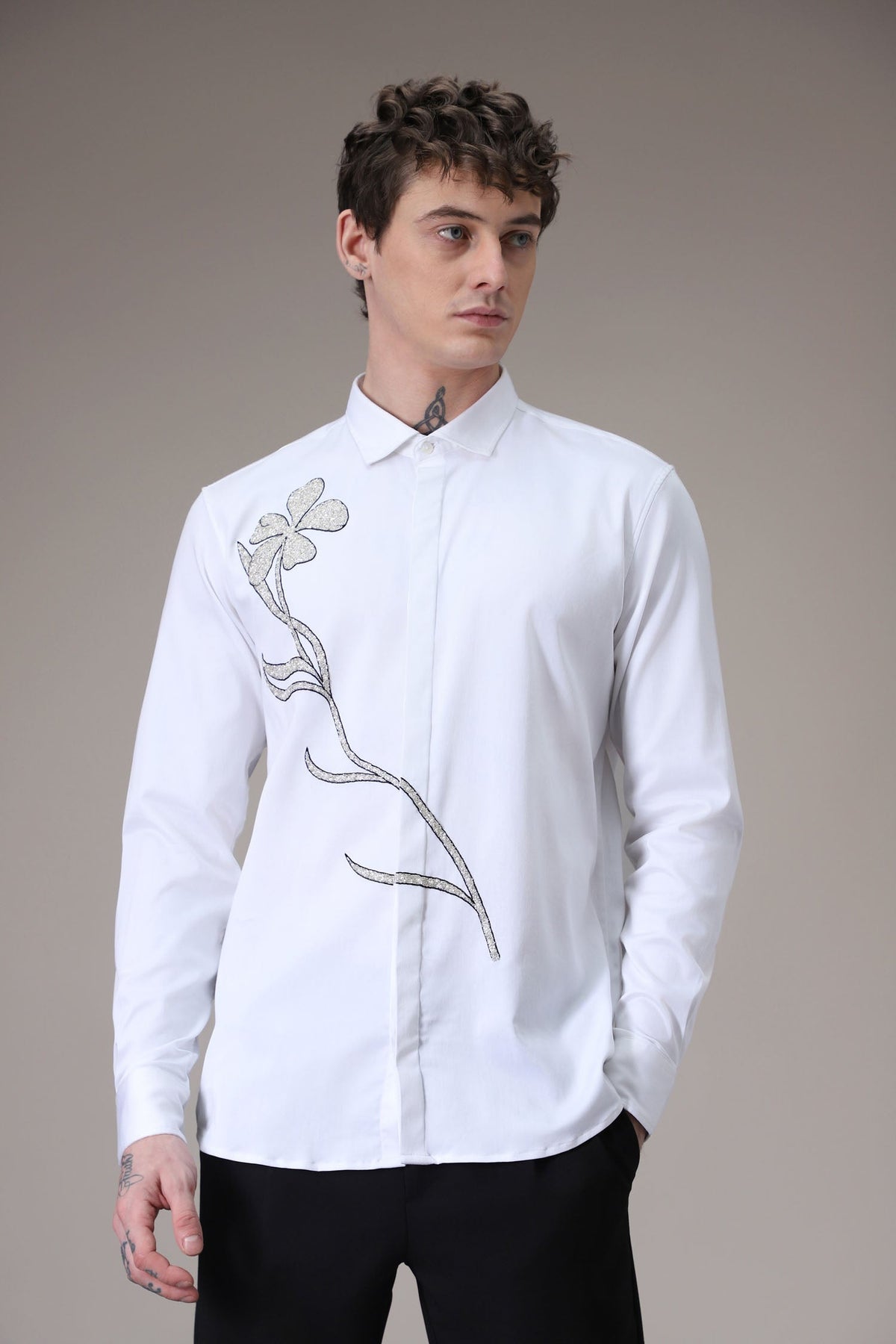 Long Flower hand embroidered designer shirt - White