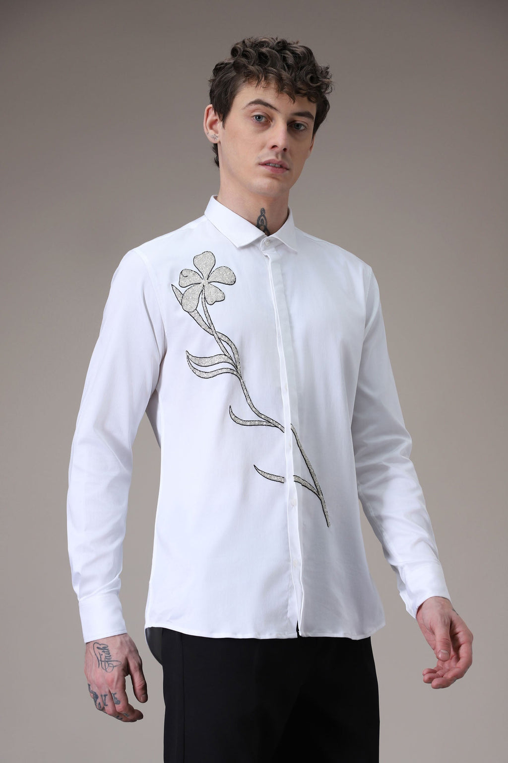 Long Flower hand embroidered designer shirt - White