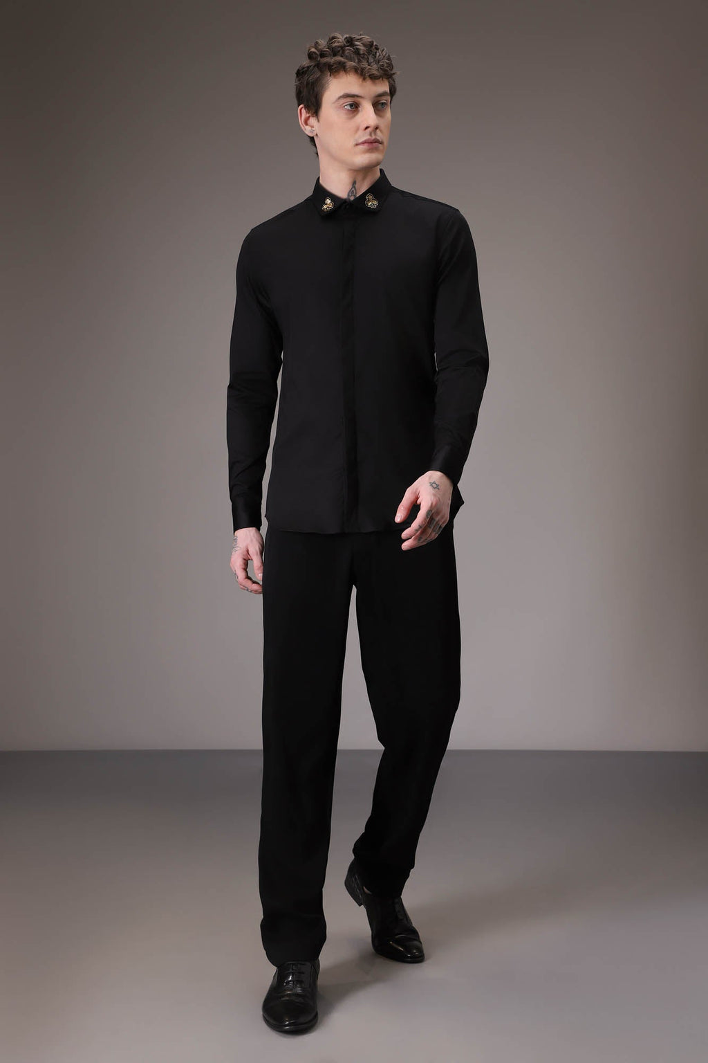 Gold Club Born to Win Hand Embroidered Designer Shirt - Black