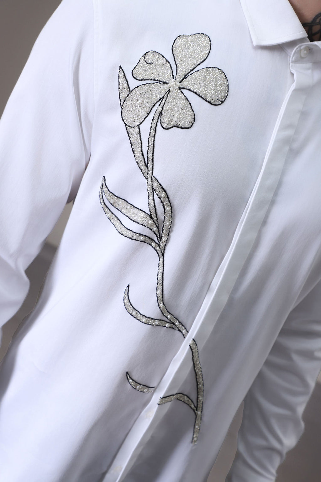 Long Flower hand embroidered designer shirt - White