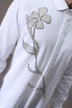 Long Flower hand embroidered designer shirt - White