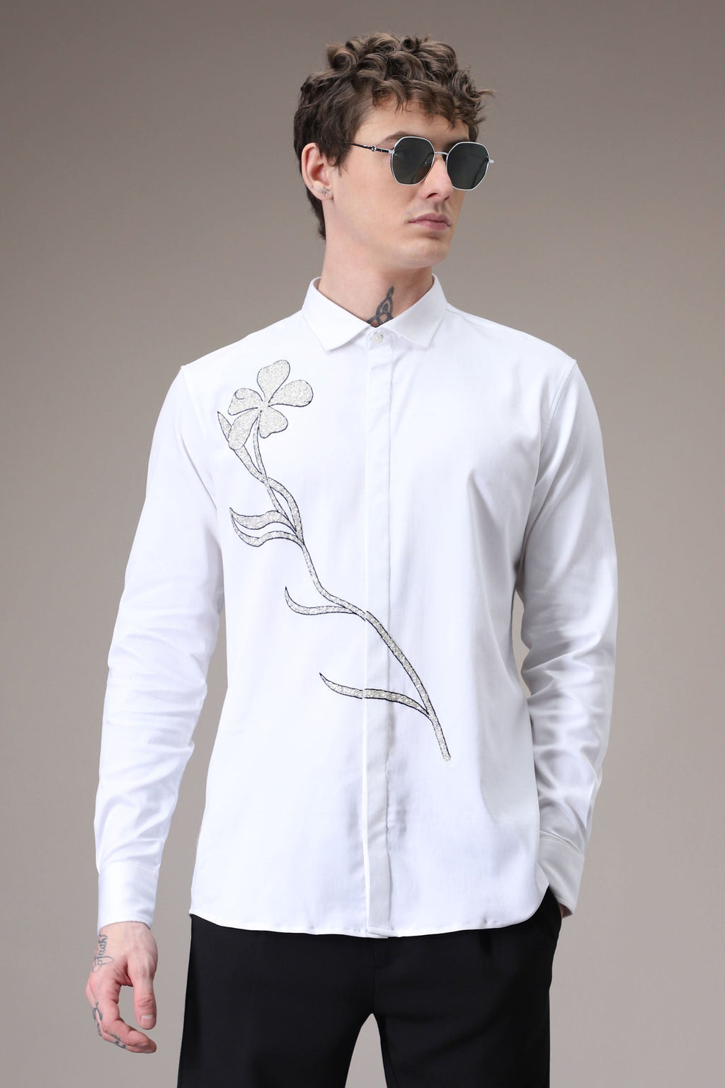 Long Flower hand embroidered designer shirt - White