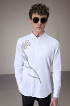 Long Flower hand embroidered designer shirt - White