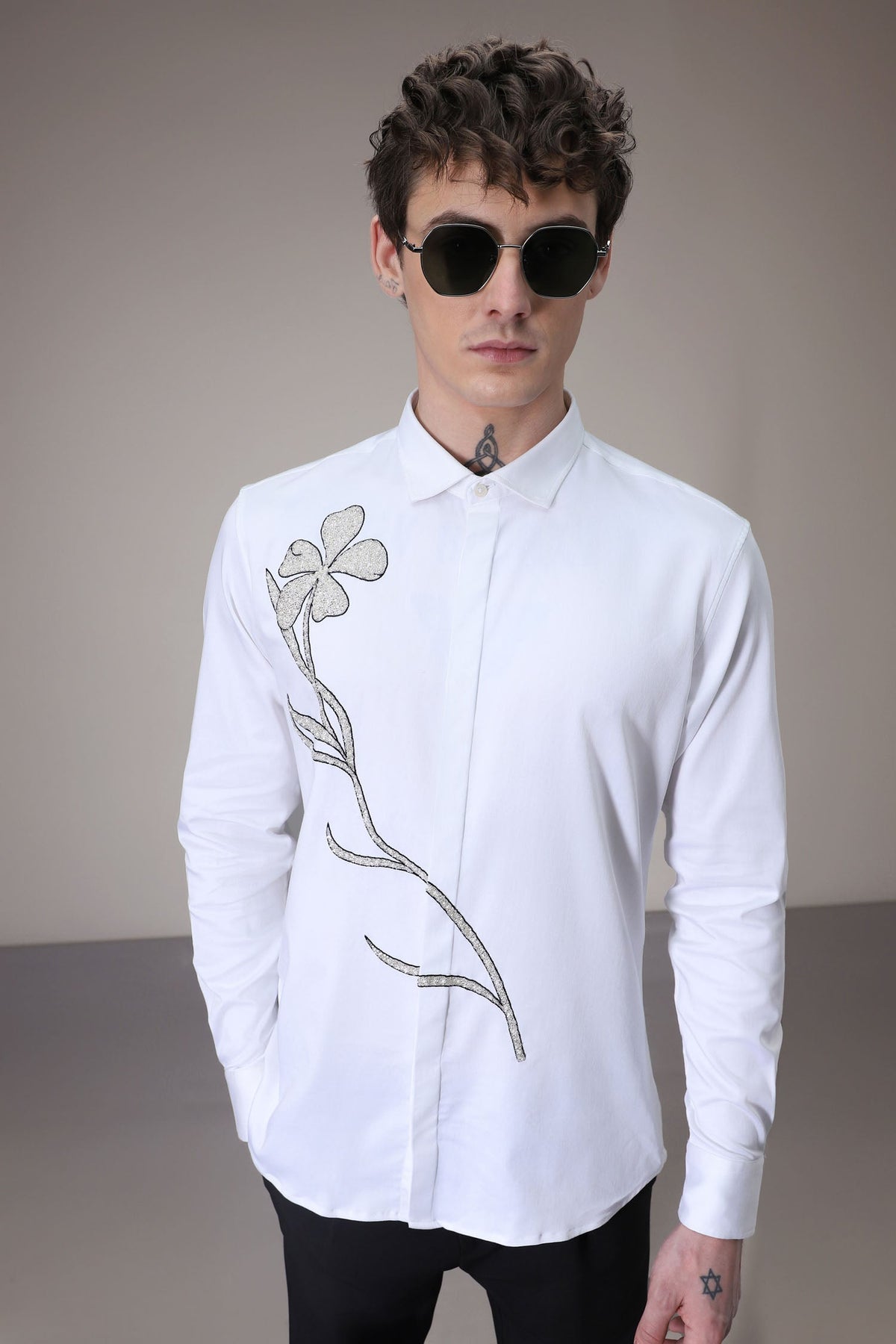 Long Flower hand embroidered designer shirt - White