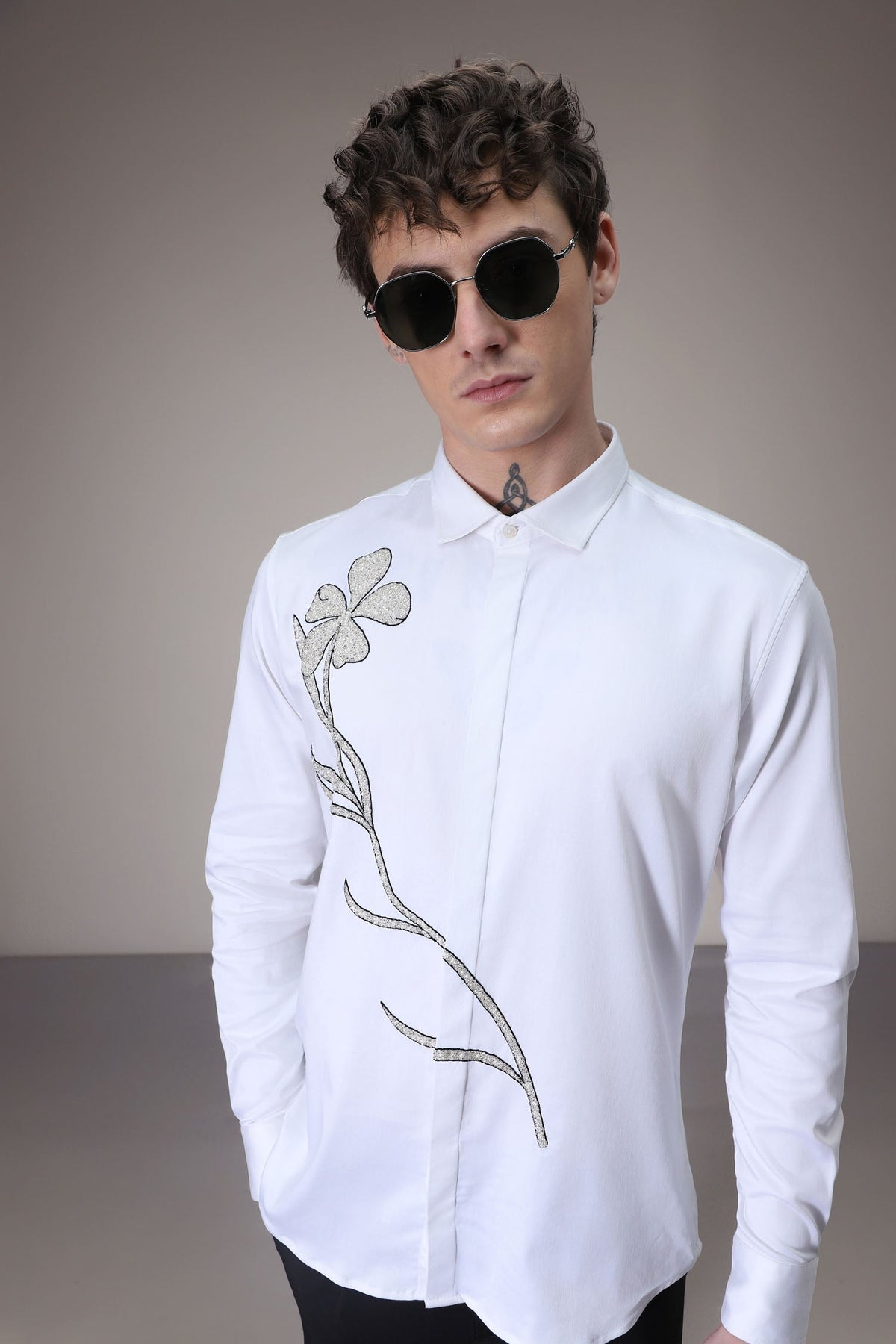 Long Flower hand embroidered designer shirt - White