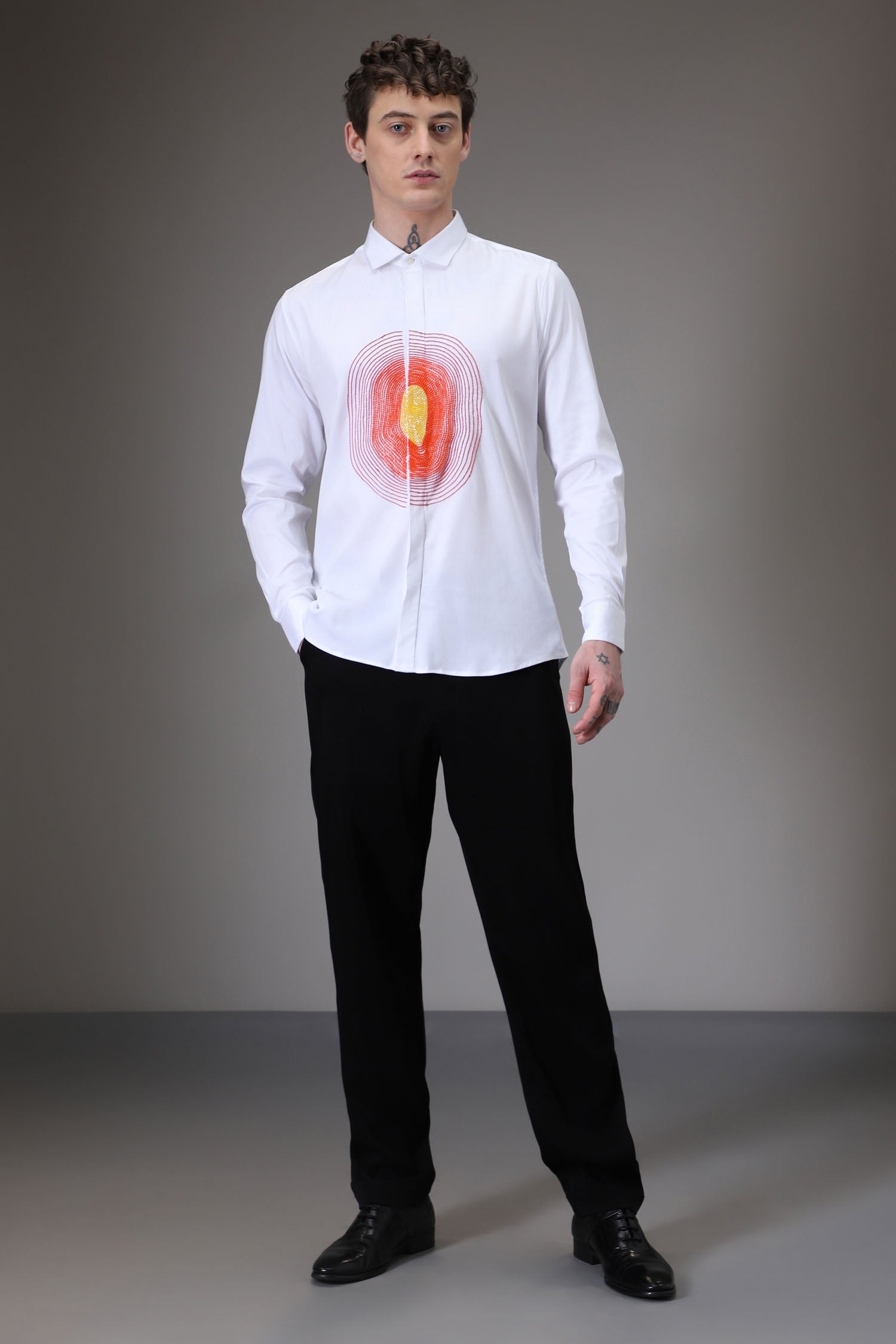 Circle  hand embroidered designer shirt -White