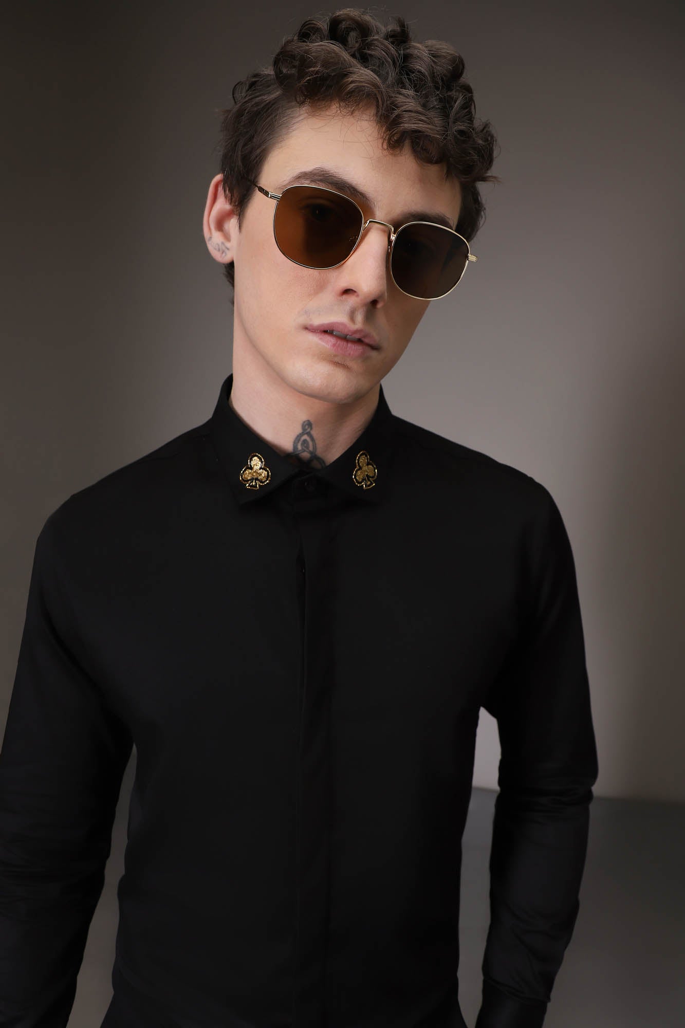 Gold Club Born to Win Hand Embroidered Designer Shirt - Black