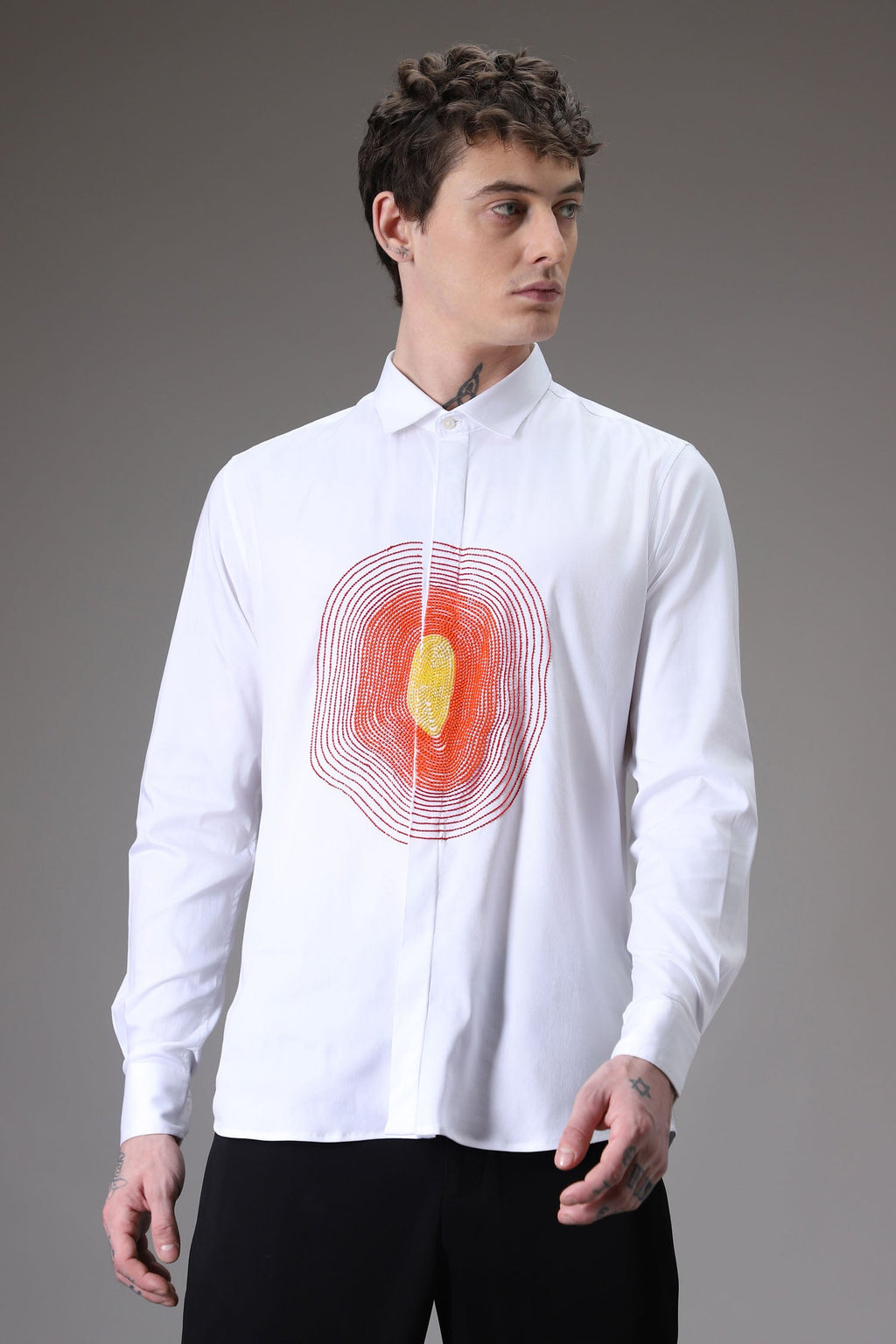 Circle  hand embroidered designer shirt -White