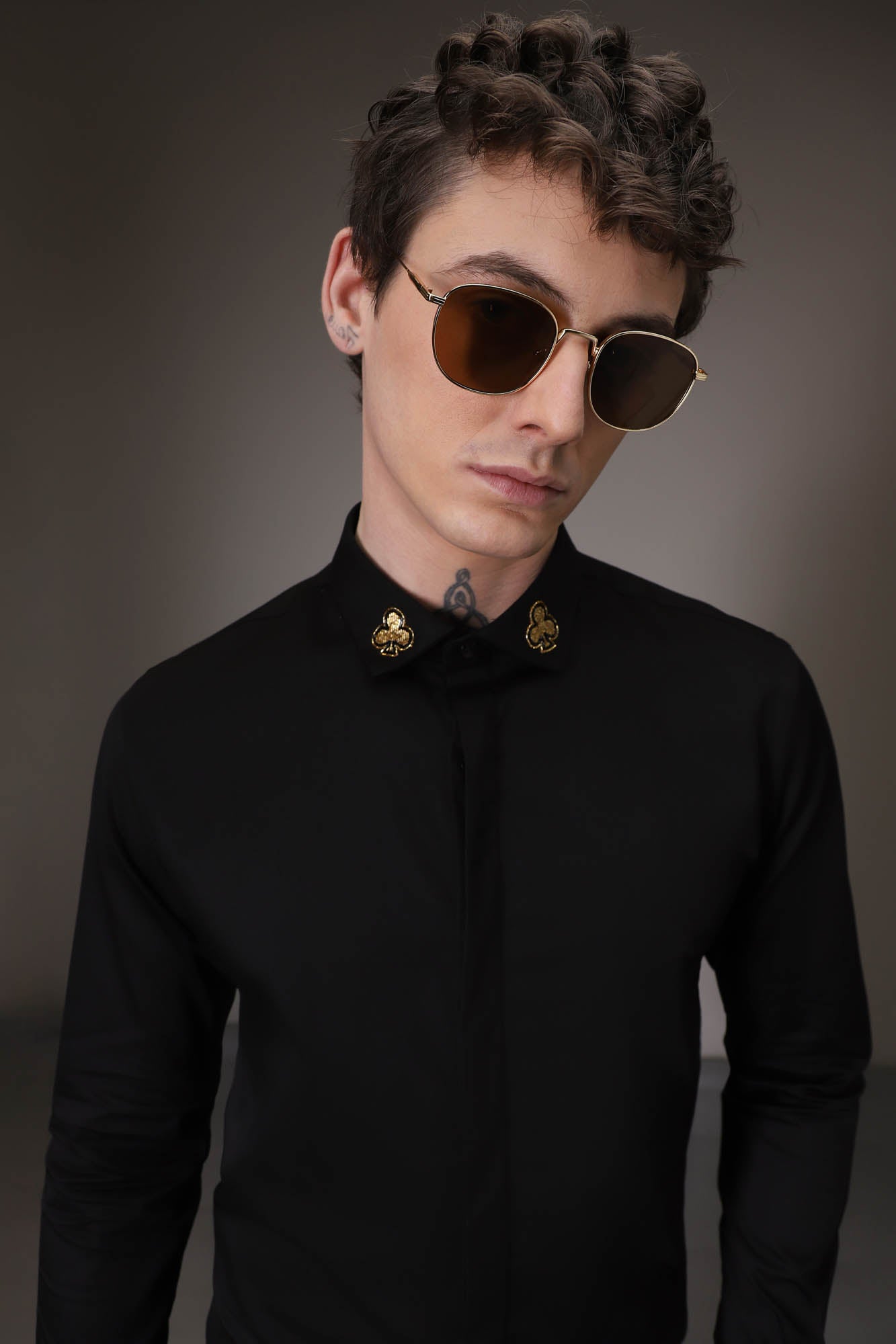 Gold Club Born to Win Hand Embroidered Designer Shirt - Black