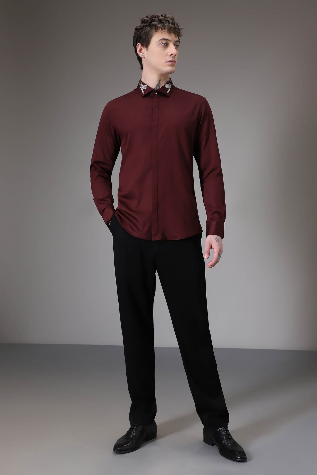 Panther Pounce hand embroidered designer shirt - Wine