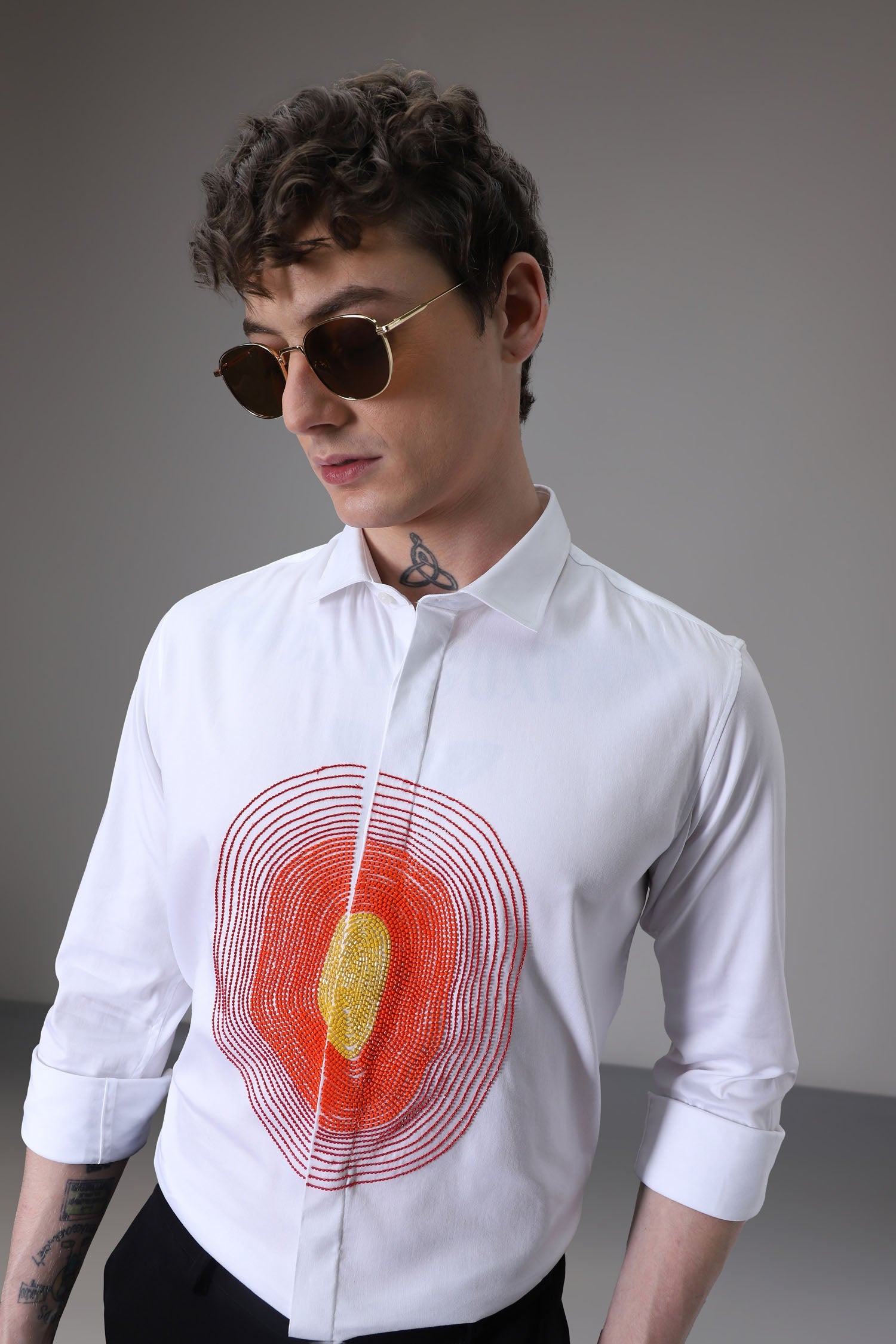 Circle  hand embroidered designer shirt -White