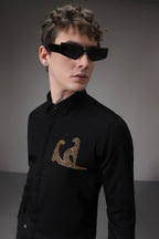 Abstract Panther Side Black hand embroidered designer shirt - Black