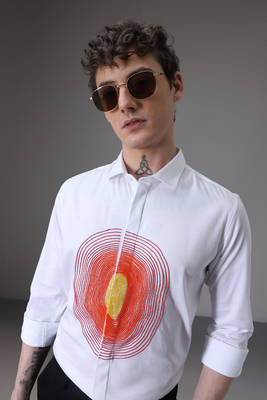 Circle  hand embroidered designer shirt -White