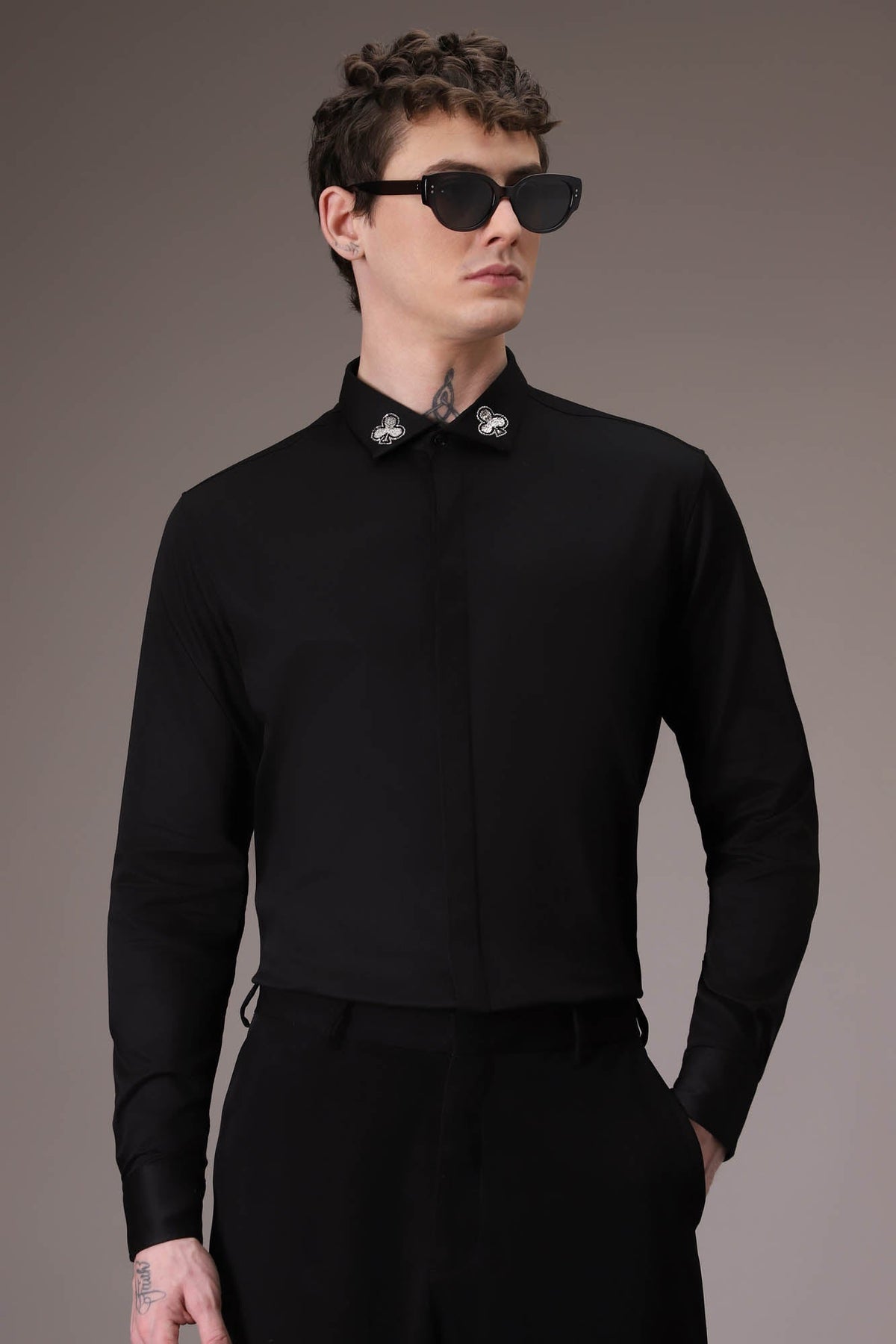 Silver Club Born to Win hand embroidered designer shirt - Black