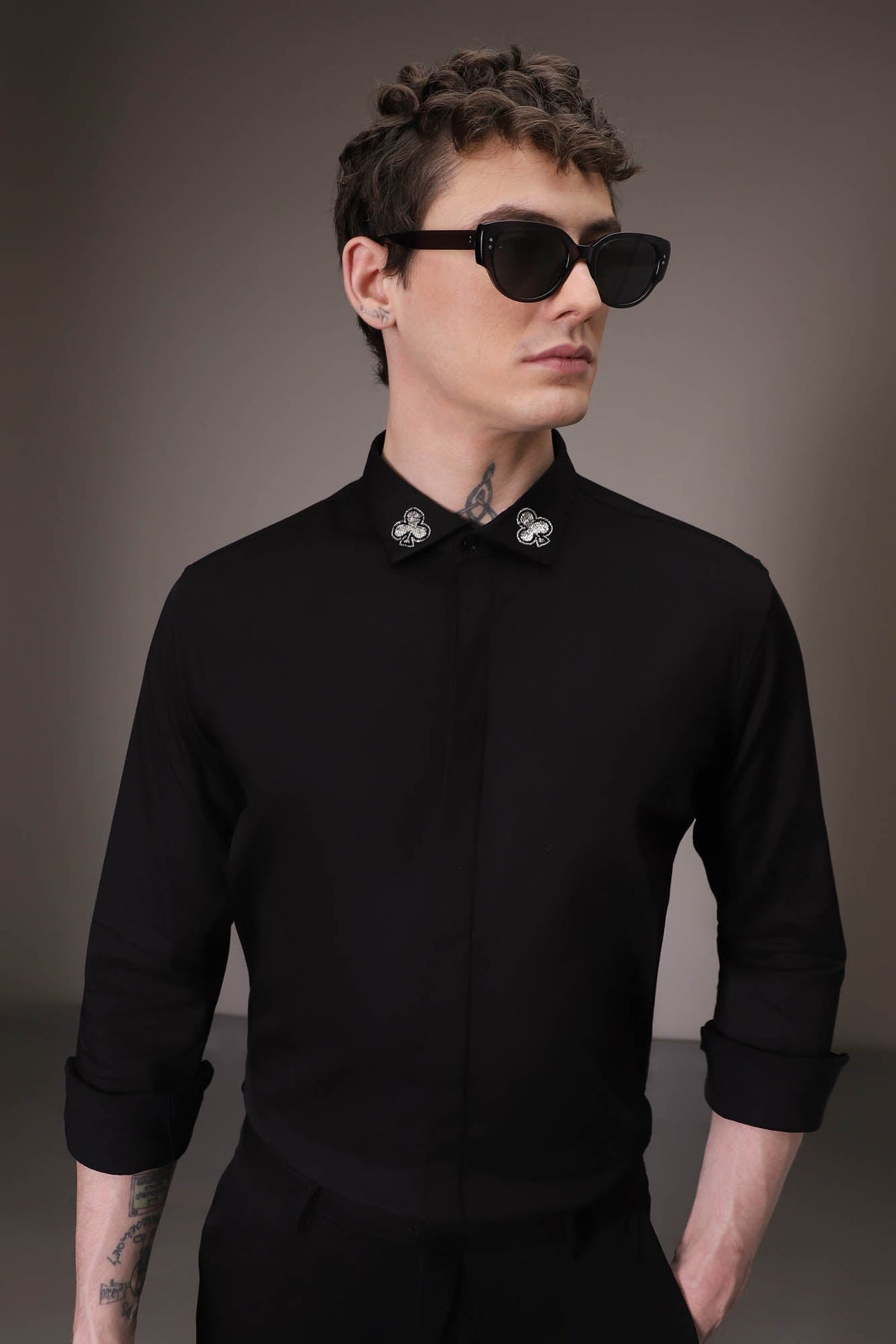 Silver Club Born to Win hand embroidered designer shirt - Black