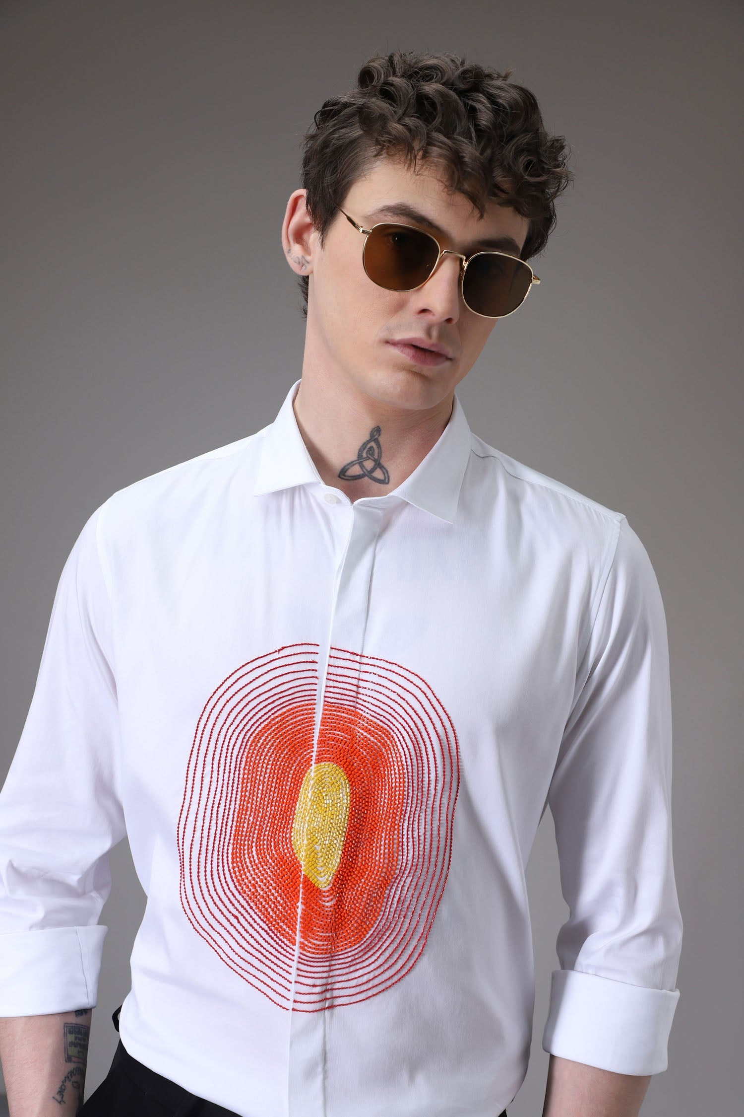 Circle  hand embroidered designer shirt -White