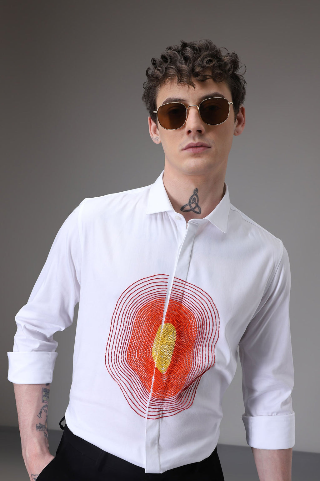 Circle  hand embroidered designer shirt -White