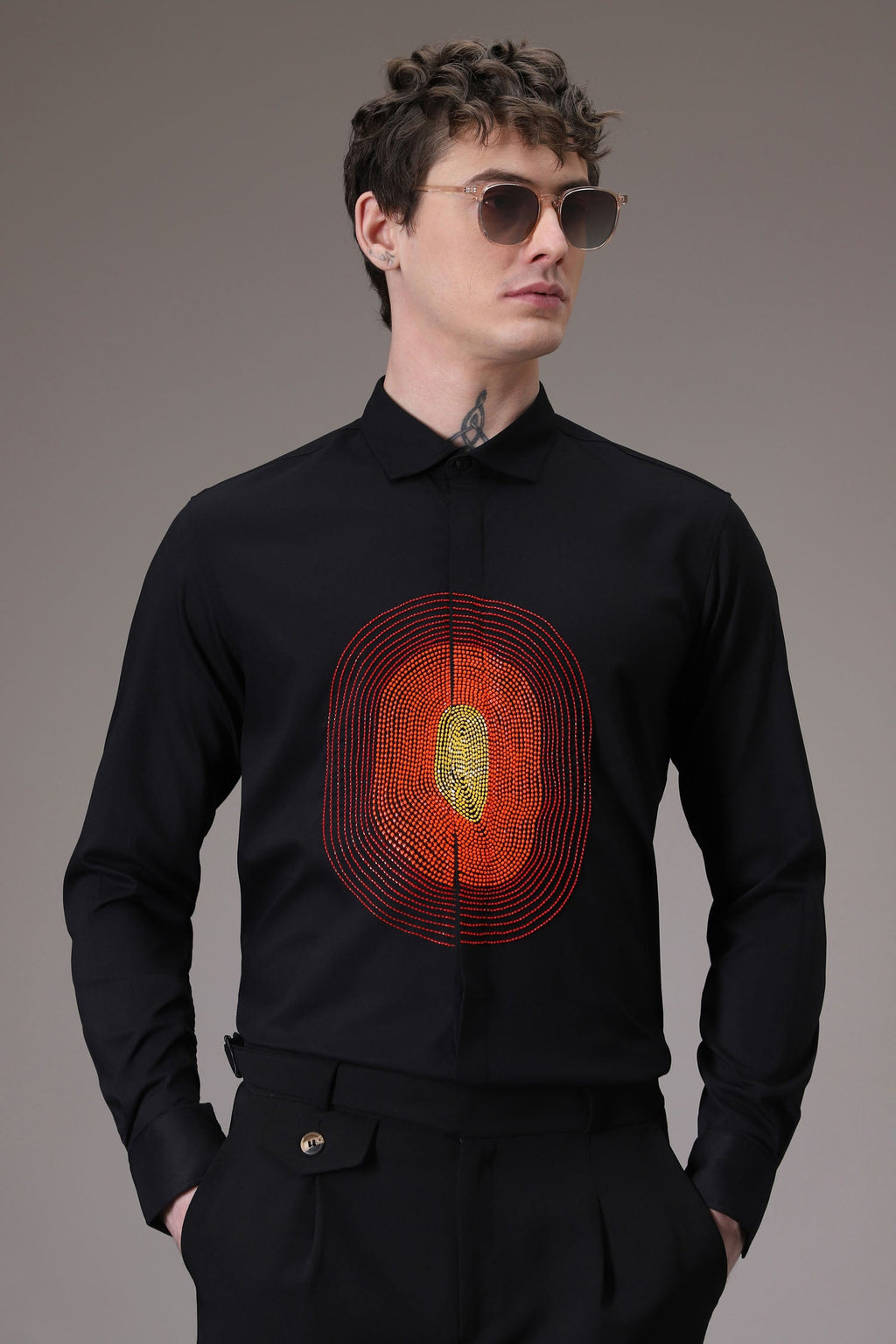 Circle  hand embroidered designer shirt -Black