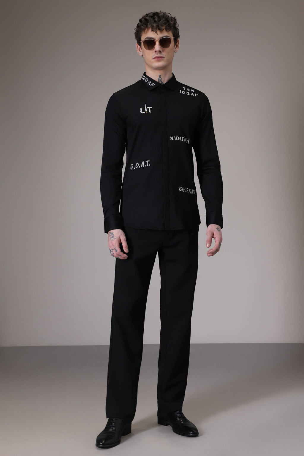 Idgaf hand embroidered designer shirt - Black